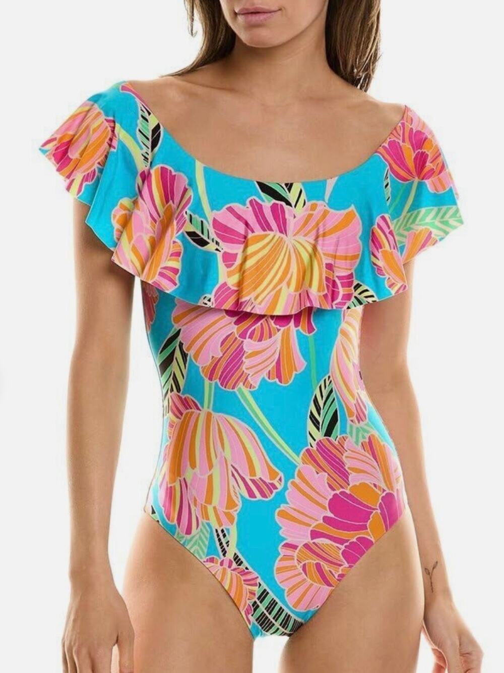 Trina Turk Poppy Ruffle Bandeau One Piece Swim Suit 8 NWT